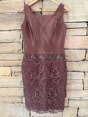 Mother of the Bride Sleeveless Lace-Trim Midi Dress Deep Brown Silk Modest Vneck